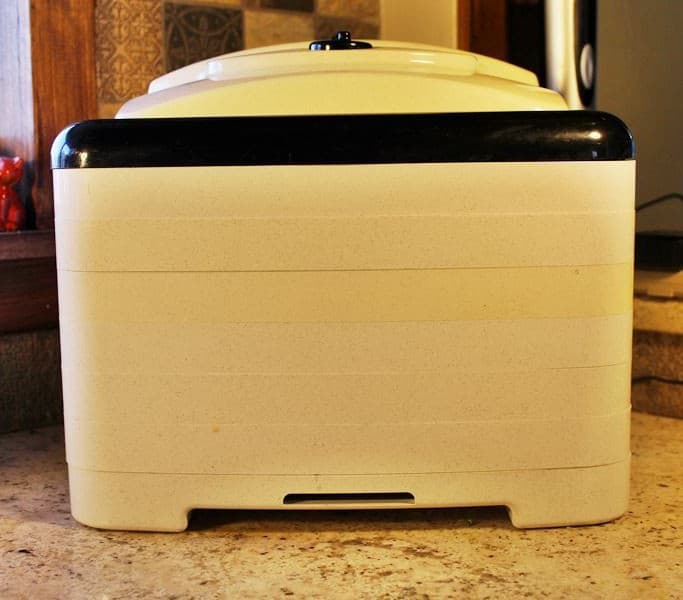 Square Nesco dehydrator sitting on the kitchen counter.