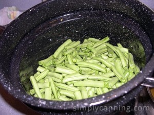 Green bean pieces in a graniteware pot.