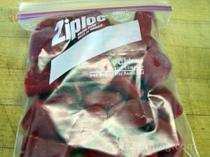 The strawberry cubes packed into an unlabeled freezer bag.
