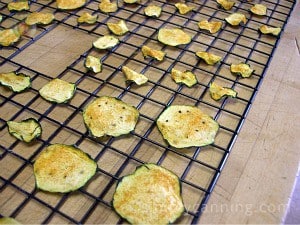 Dried zucchini chips sitting on the trays.