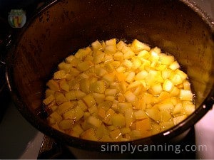 Blanching chunks of zucchini in a large pot.