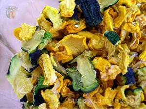 Dehydrated green and yellow zucchini pieces in a jar.