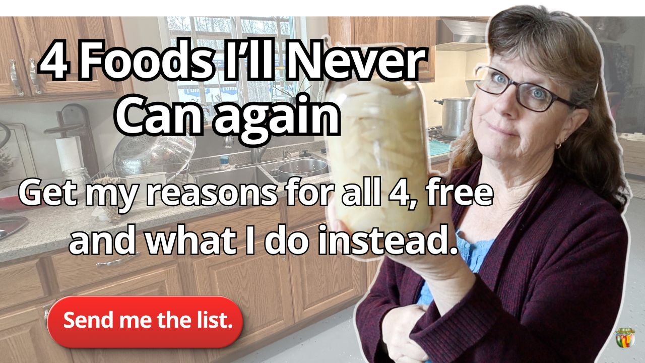 Sharon standing in her kitchen discussing what foods she'll never can again.