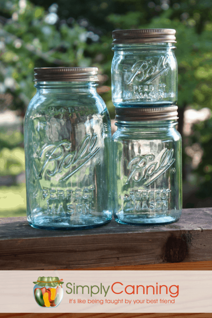 Blue Ball canning jars in various sizes.