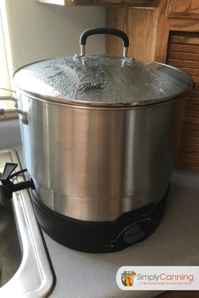 Electric water bath canner sitting next to the sink.