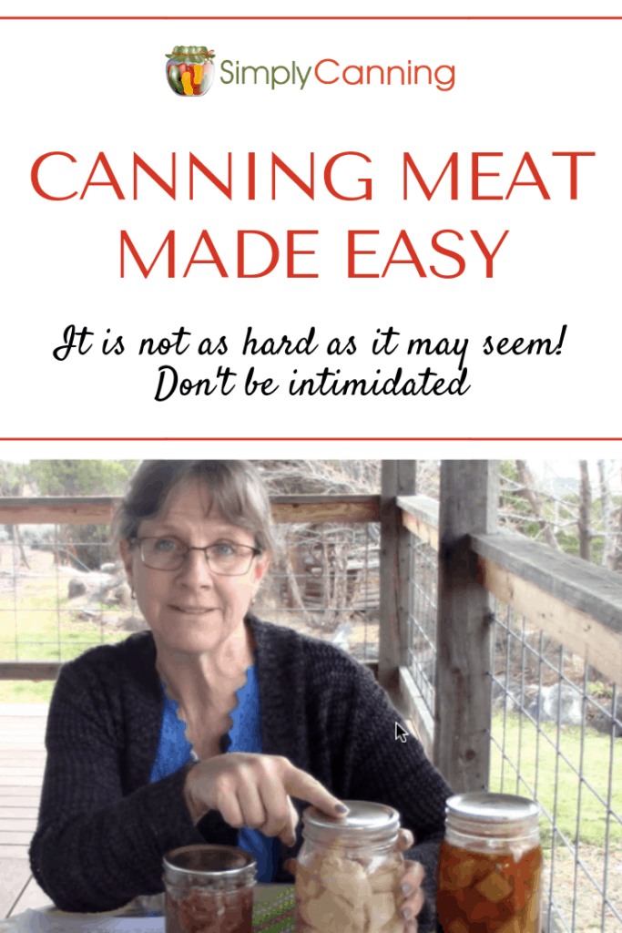 Pinterest image with title, Canning Meat Made Easy, Sharon pointing at a jar of home canned chicken. 