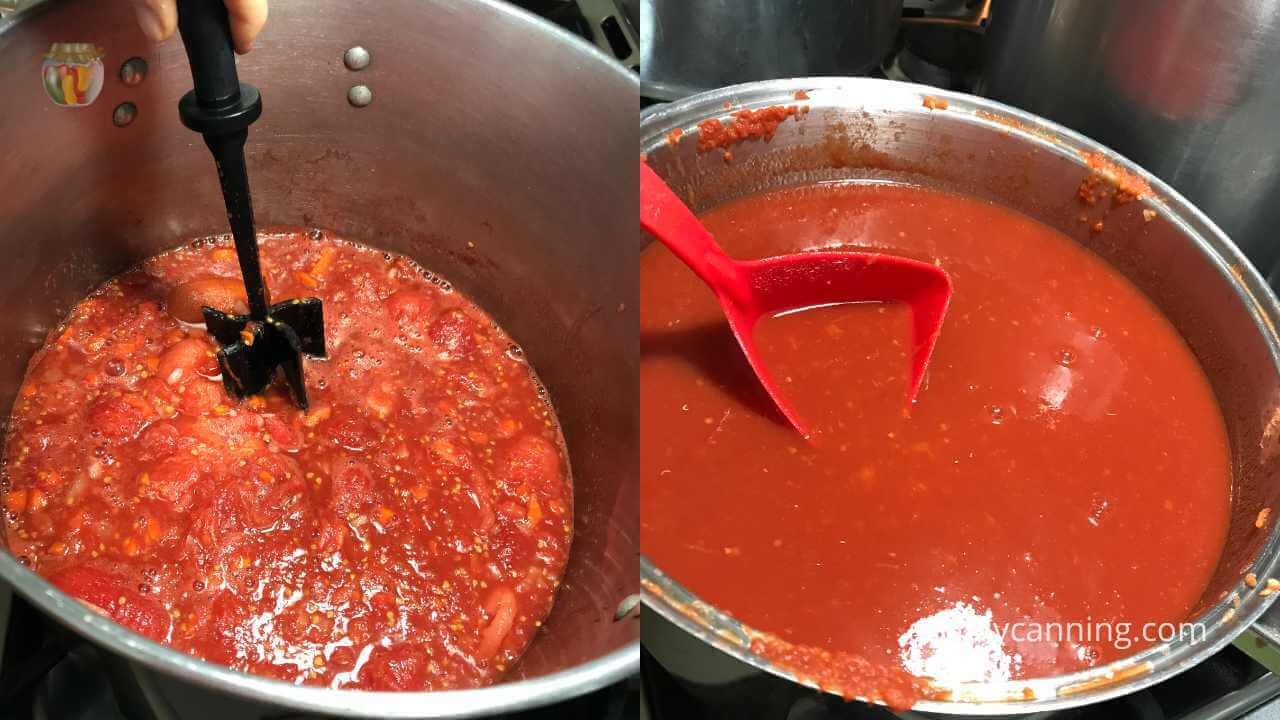 Collage with 2 pictures of stock pot with tomato and vegetables, partially full and full.  