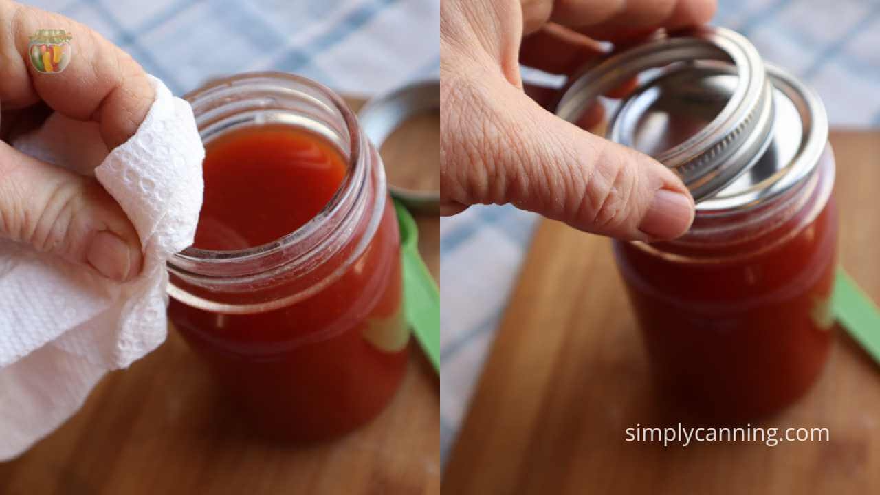 Collage of two images showing wiping the rim and adding a lid to a pint jar of tomato juice.  