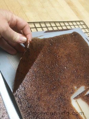 Peeling the dried fruit leather from the lined dehydrator tray.