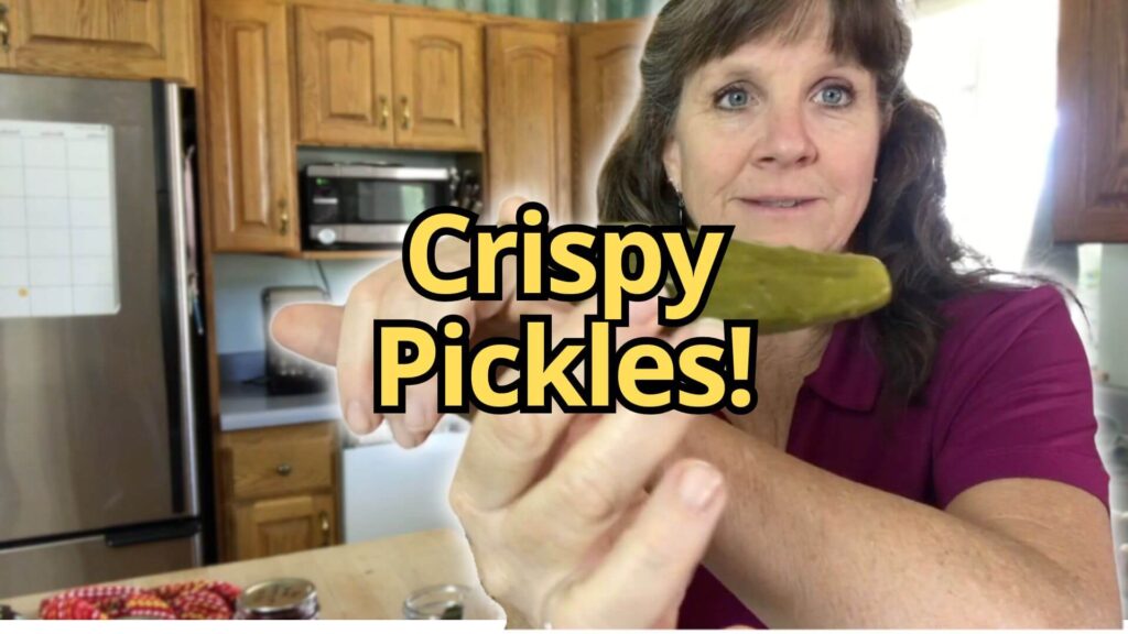 Sharon holding a crisp dill pickle in the kitchen.