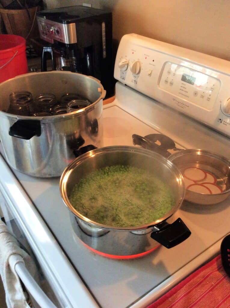 Boiling peas on a glass top stove with a canner to the side of the pea pot.