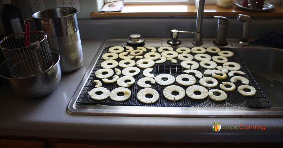 Pretreated apple slices drying on a tray over the sink.