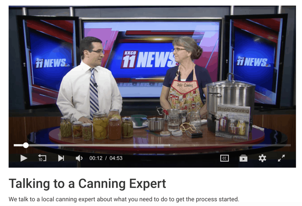Sharon being interviewed on KKCO News 11 with the caption Talking to a Canning Expert.