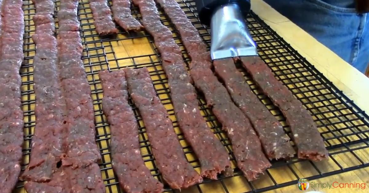 Using the Jerky Blaster to spread thin ribbons of ground meat onto the dehydrator trays for making jerky.