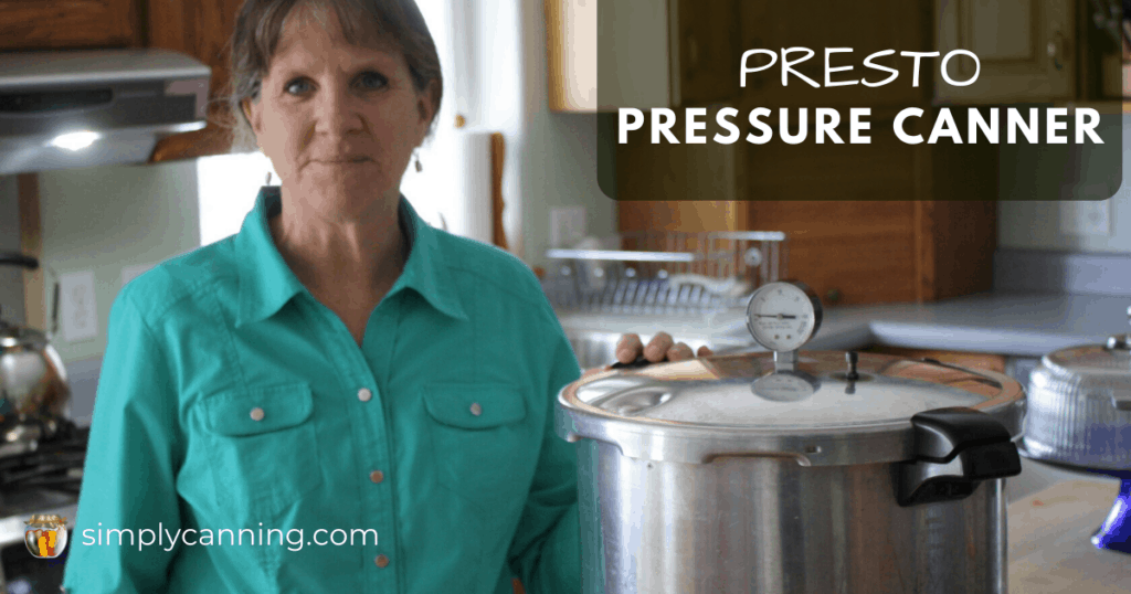 Sharon standing next to the Presto pressure canner with her hand resting on the lid.