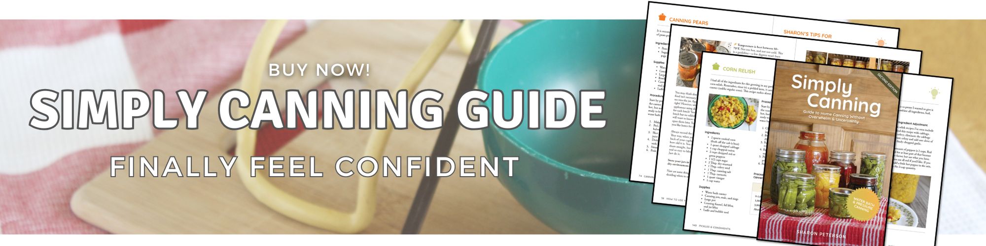 Ad for Simply Canning Guide book with interior images and canning tools.