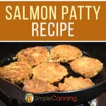 Salmon patties frying in the cast iron skillet.