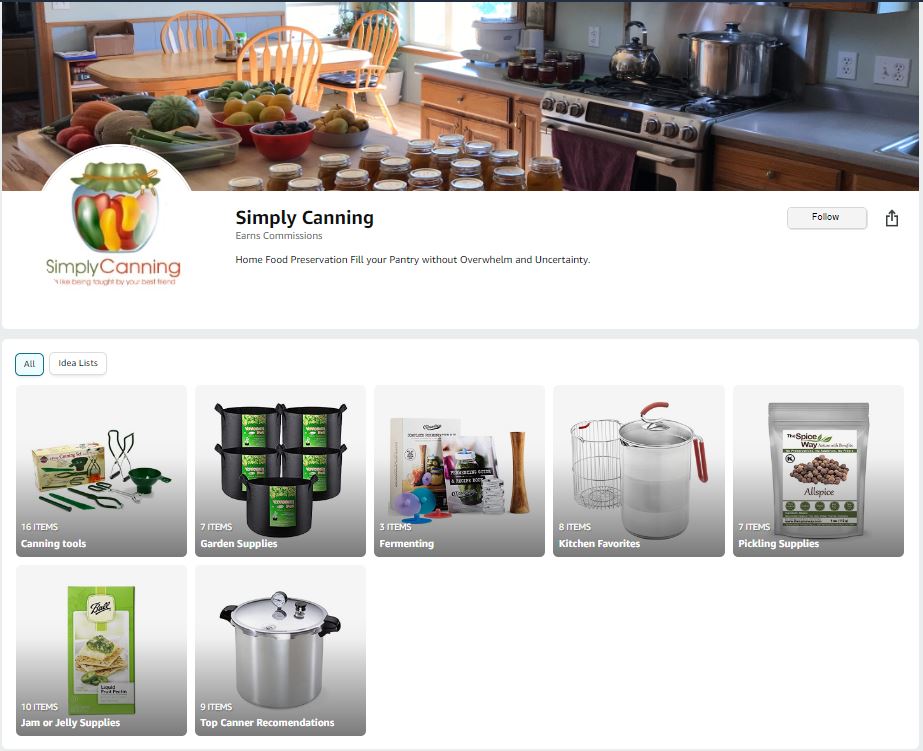 Simply Canning Amazon store with various home and garden products on it.