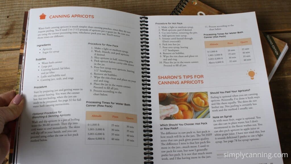 Canning apricots pages inside the Simply Canning Guide book.