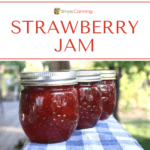 Jars of strawberry jam lined up on a blue and white checkered towel.