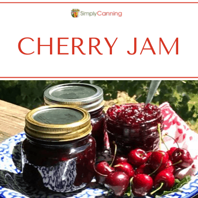 Cherry jam arrangement of jars and cherries.