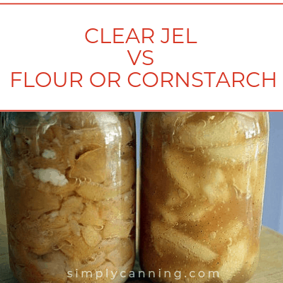 Two jars of apple pie filling compared next to each other with one being Clear Jel and the other being cornstarch.