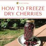 A jar filled with freeze dried cherries with a serving scattered on the plate beside it.