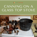 Graniteware canner and other pots sitting on a white glass stovetop.