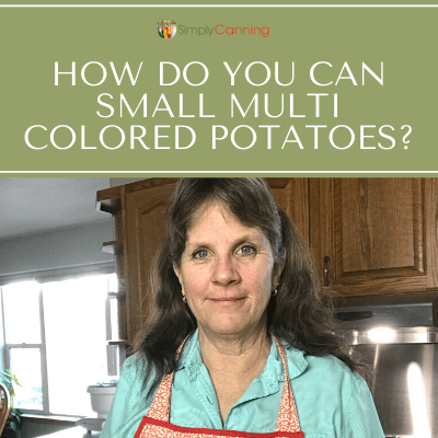 Sharon wearing a blue shirt and red Simply Canning apron.