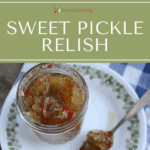 An open jar of colorful pickle relish with a spoonful of relish sitting beside it.