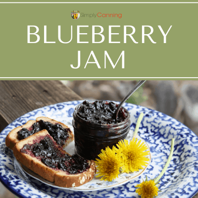 Blueberry jam spread on toast with dandelions garnishing the plate.