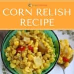 A bowl of colorful corn relish with red peppers sprinkled throughout the mixture.