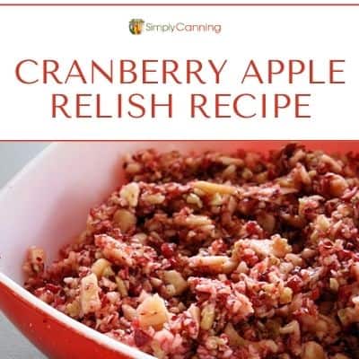 A dish of colorful chopped cranberries and apples made into a relish.