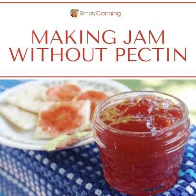 An open jar of homemade jam sitting next to a plate of crackers spread with jam.