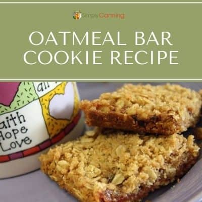 Two delicious oatmeal bar cookies sitting next to a Faith Hope Love coffee mug.