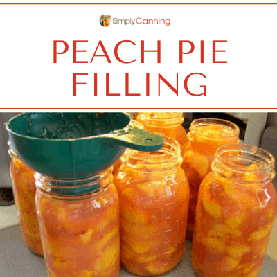 Spooning messy peach pie filling into quart jars for canning.