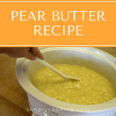 Pear butter being cooked in slow cooker.  Links to pear butter article.