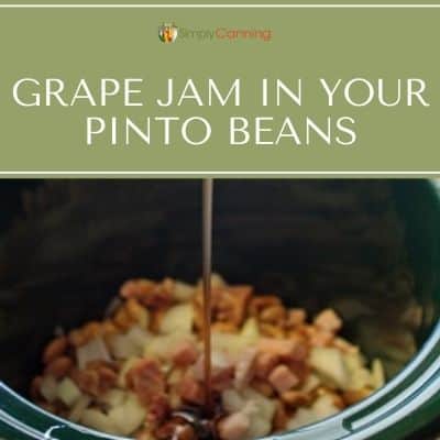 Pouring runny grape jam into the CrockPot of beans.