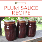Three pint jars of burgundy colored plum sauce.