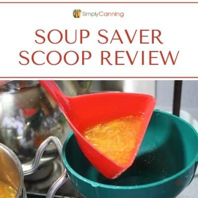Using the Soup Saver Scoop to pour soup into a canning jar.