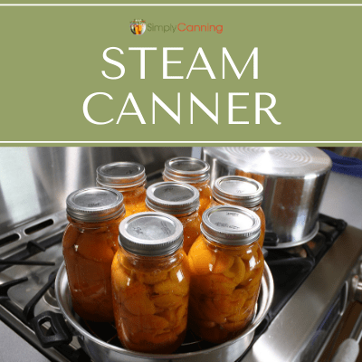 Seven quart jars of peaches in the steam canner base.