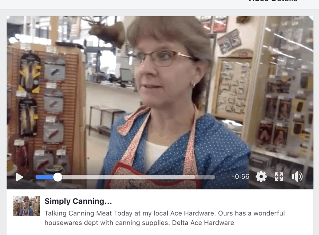 Sharon talking about canning meat at her local Ace Hardware store.