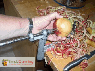 Sticking an unpeeled apple on the prongs of the peeler with a pile of apple peels underneath it.