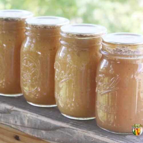 Four jars of applesauce lined up in a row.