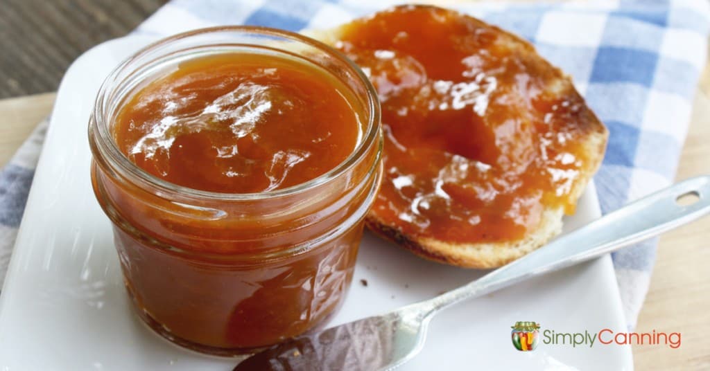 Delicious apricot jam smothered over an English muffin.