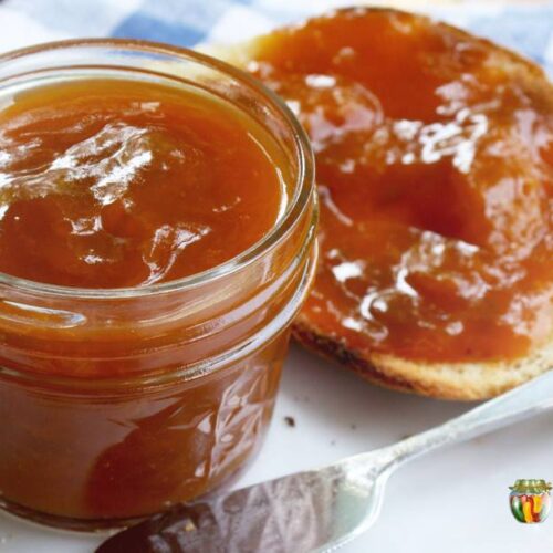 Delicious apricot jam smothered over an English muffin.