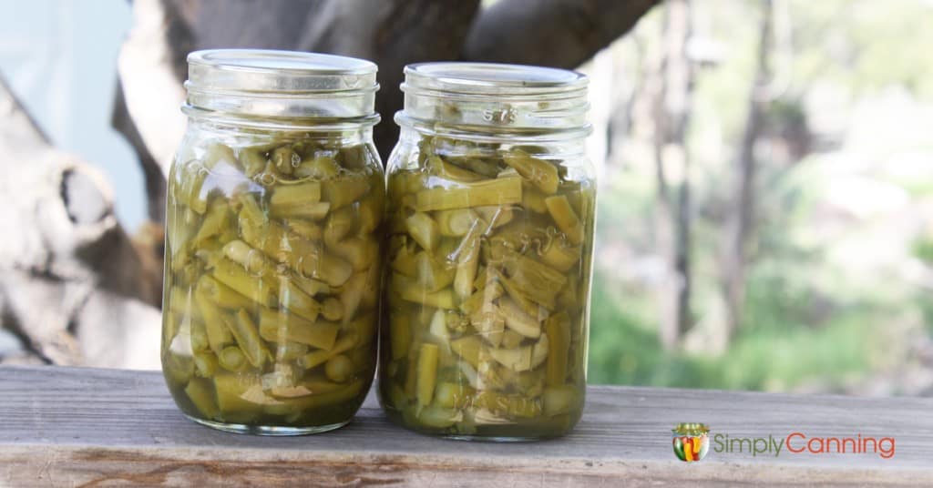 Two jars of home canned asparagus pieces.