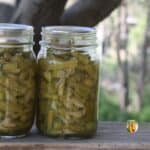 Two jars filled with pieces of cooked asparagus.