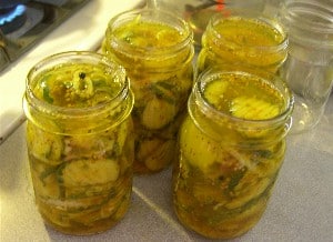 Topping off jars of cucumbers and onions with a yellowish brine.