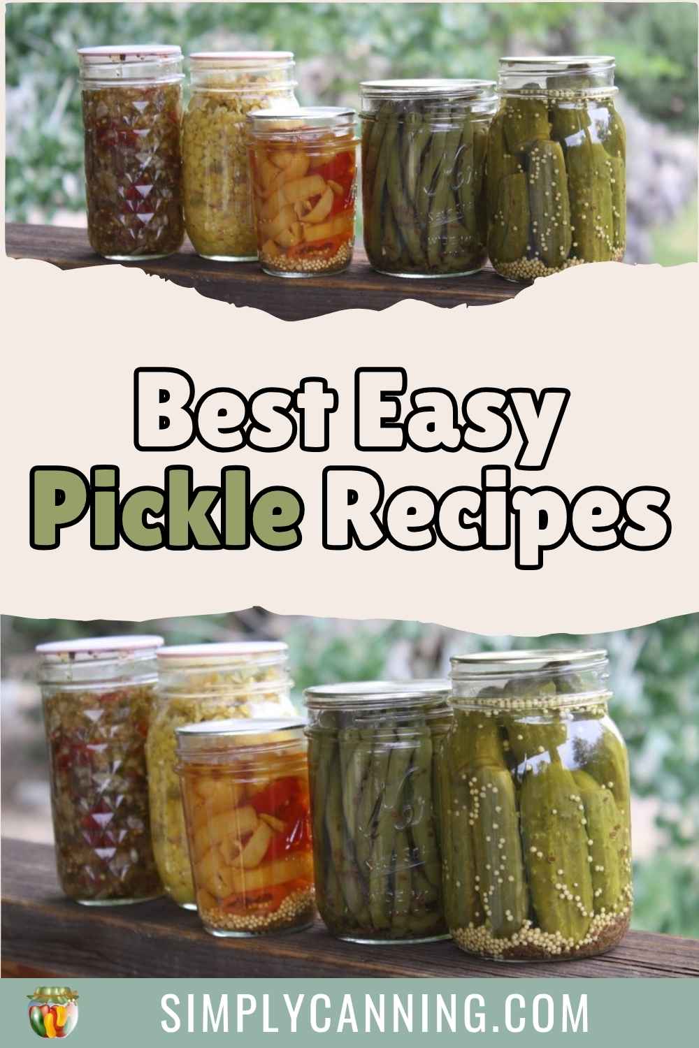 Various glass jars filled with homemade pickles and pickled vegetables on a wooden surface, with text that says Best Easy Pickle Recipes.